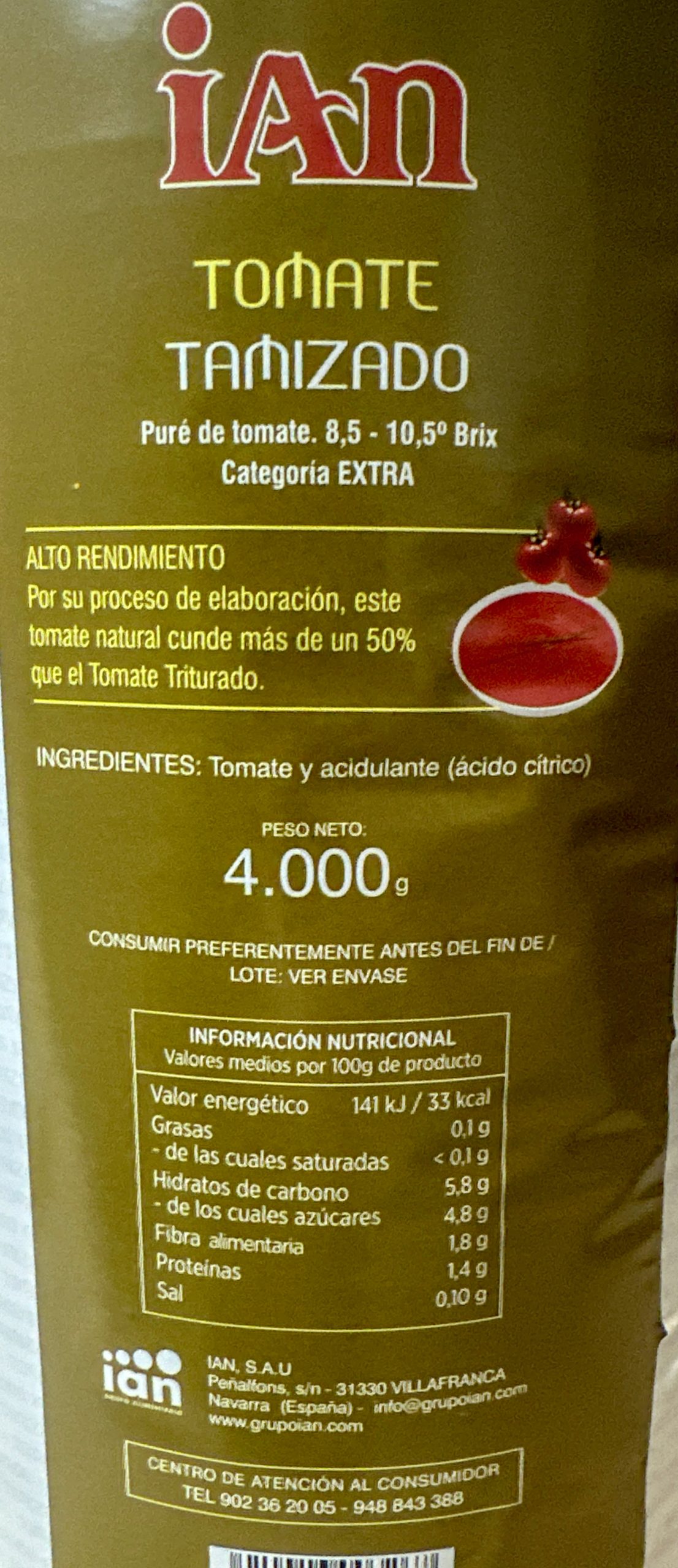 Tomate Tamizado Ian 4,25kg - Imagen 2