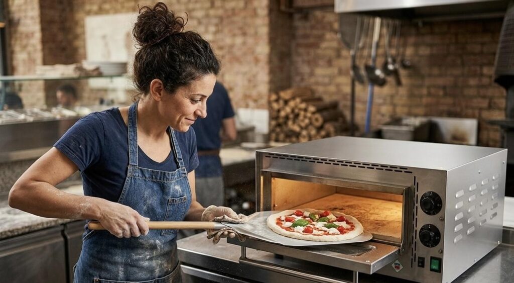 Trabajadora con horno pizza profesional en pizzería